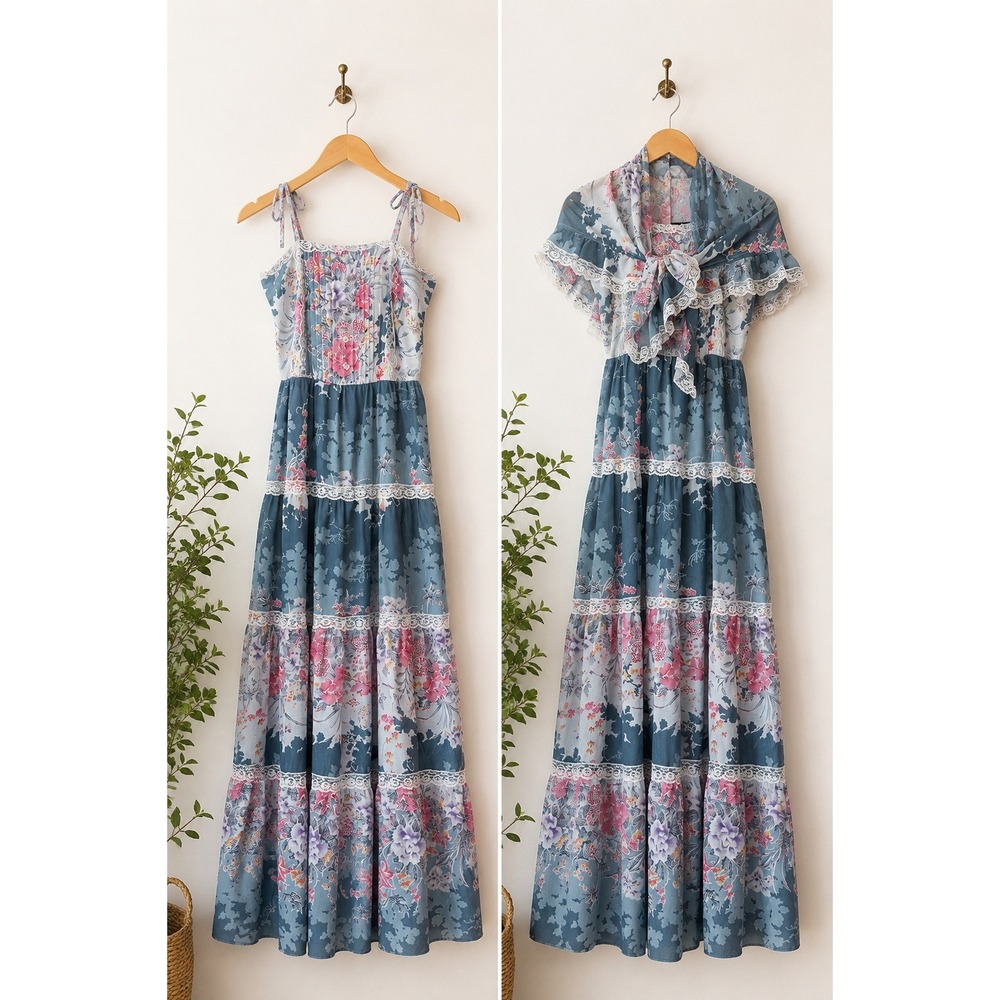 Vintage 70s Prairie Tiered Patchwork Maxi Dress Sz S Capelet Cottagecore HIppie